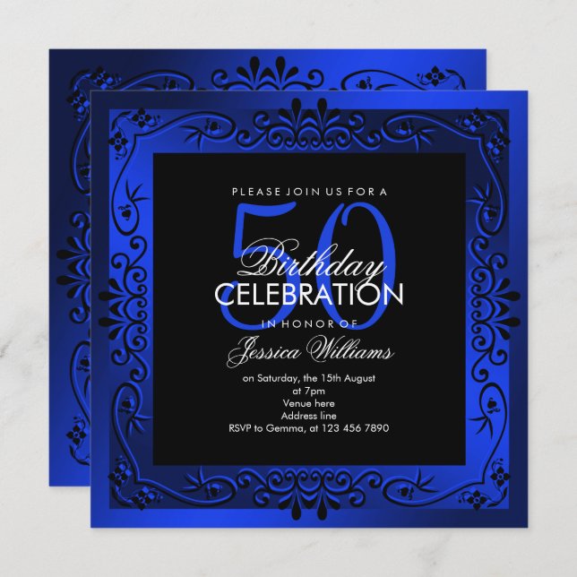Chic Blue Decorative Framed 50th Birthday Invitation (Front/Back)