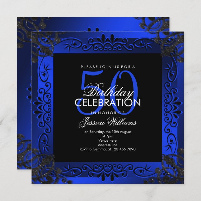 Chic Blue Decorative Framed 50th Birthday Invitation (Front/Back)