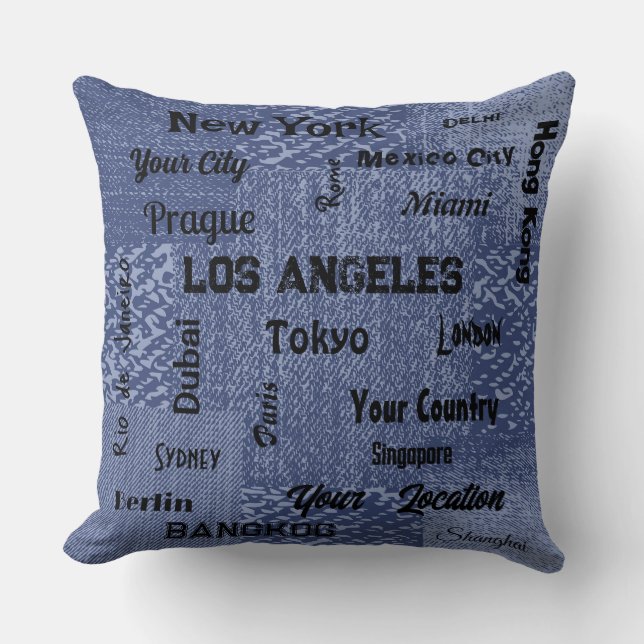 chic blue denim mega cities of the world  throw pi cushion (Front)