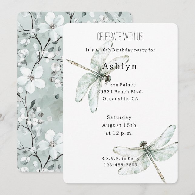 Chic Blue Dragonflies Birthday   Invitation (Front/Back)