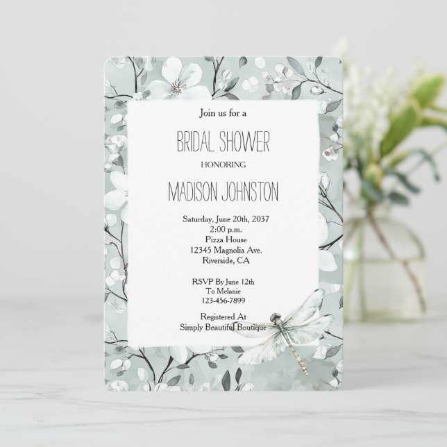 Chic Blue Dragonfly Dream Floral Bridal Shower Invitation (Standing Front)