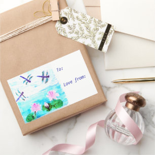 Chic Blue Dragonfly Pink Waterlily Pond Rectangular Sticker