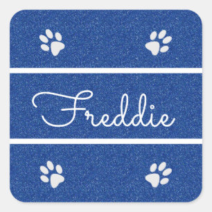 Chic Blue Faux Glitter Customised Cat Dog Pet Square Sticker