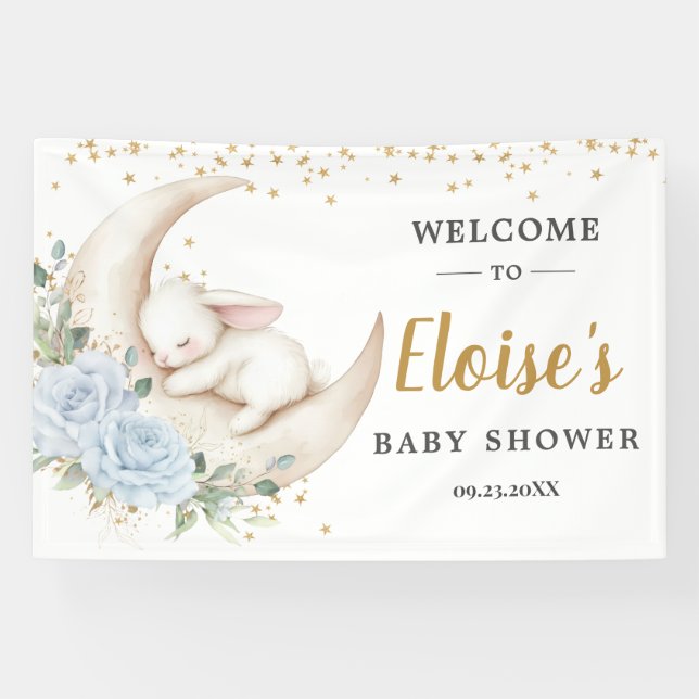 Chic Blue Floral Bunny Rabbit Baby Shower Backdrop Banner (Horizontal)