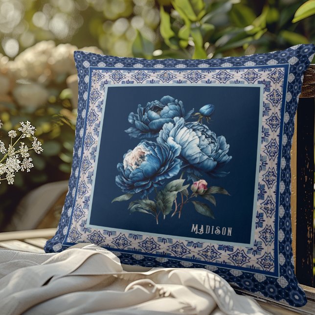 Chic Blue Floral Chinoiserie Monogram Gift Cushion (Creator Uploaded)