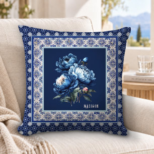 Chic Blue Floral Chinoiserie Monogram Gift Cushion