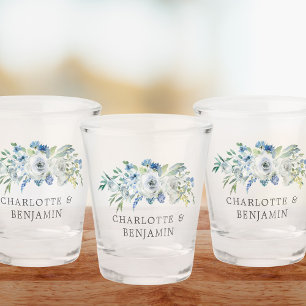 Chic Blue Floral Garden Wedding Custom Shot Glass