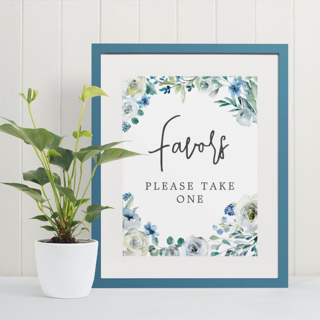 Chic Blue Floral Handwritten Script Wedding Favour Poster (Creator Uploaded)