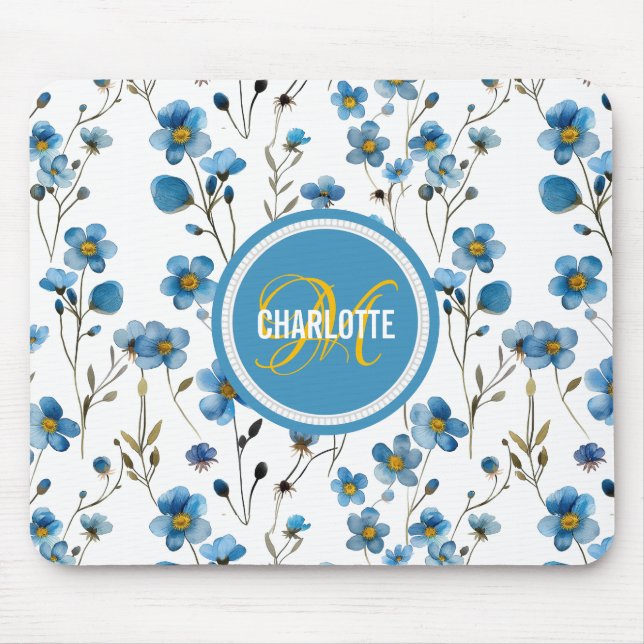 Chic blue floral pattern monogrammed name mouse pad (Front)