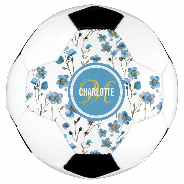 Chic blue floral pattern monogrammed name soccer ball (Front)