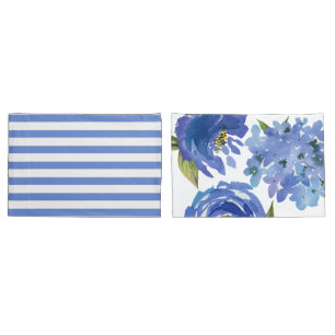 Chic Blue Floral Peonies and Stripes Pillowcase