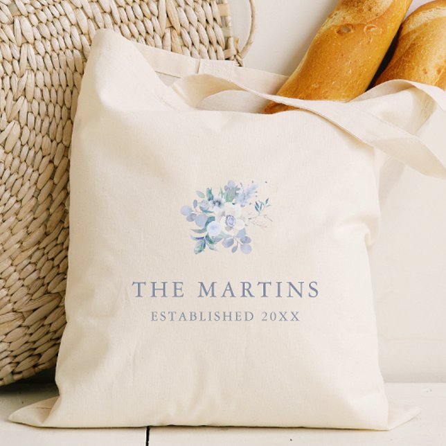 Chic Blue Floral Personalised Name Wedding Tote Bag (Creator Uploaded)
