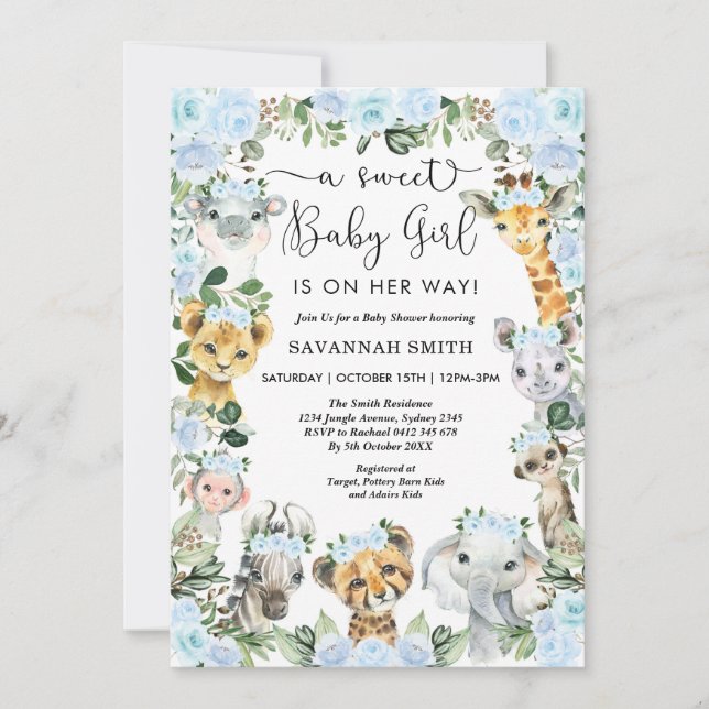 Chic Blue Floral Safari Animals Girl Baby Shower Invitation (Front)