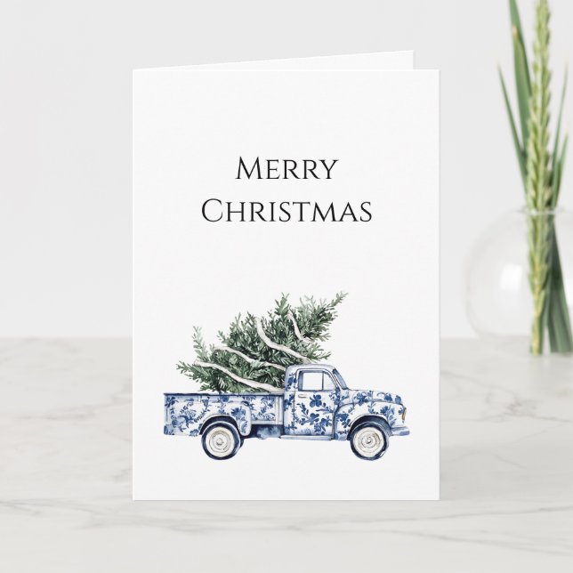 Chic Blue Floral Truck Christmas Tree Card (Front)