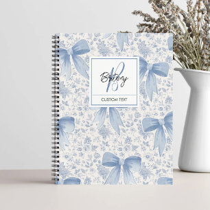 Chic Blue Floral With Bows Script Name Monogram Notebook