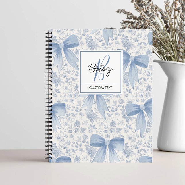 Chic Blue Floral With Bows Script Name Monogram Notebook (Creator Uploaded)