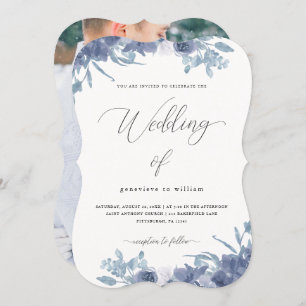 Chic Blue Floral with Calligraphy Photo Wedding Invitation