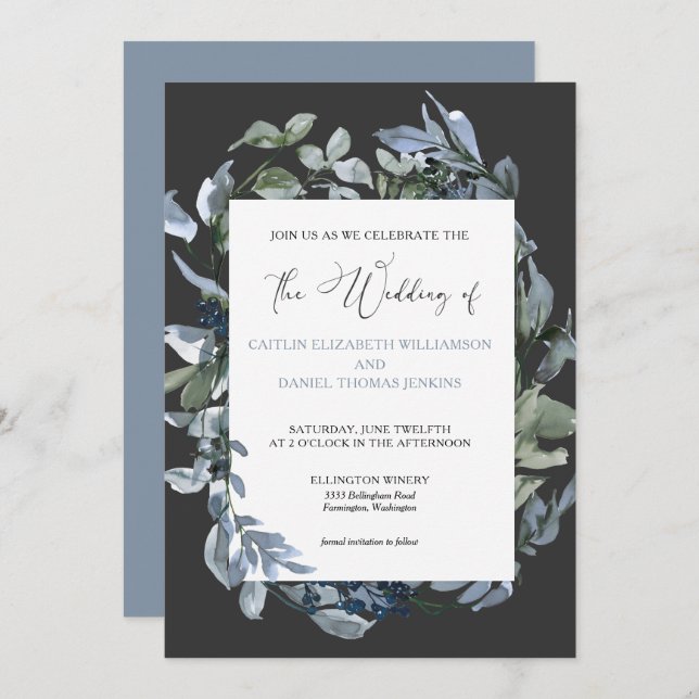 Chic Blue Floral Wreath Wedding Invitation (Front/Back)