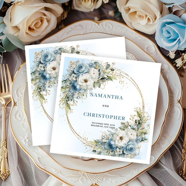 Chic Blue Flowers Gold Frame Wedding Napkins (Chic Blue Flowers Gold Frame Wedding Napkins)