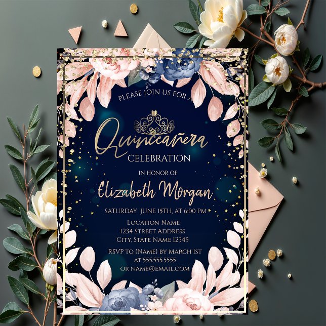 Chic Blue Flowers Gold Tiara,Diamonds Quinceañera Invitation (Creator Uploaded)