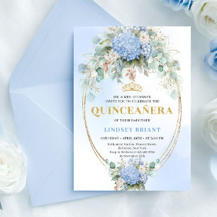 Chic Blue Flowers Greenery Quinceañera Invitation
