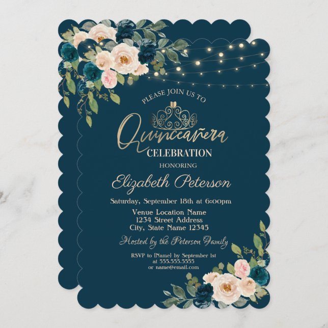 Chic Blue Flowers String Lights Quinceañera Invitation (Front/Back)