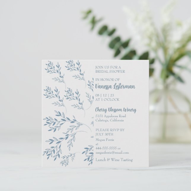 Chic Blue Foliage Bridal Shower Invitation (Standing Front)