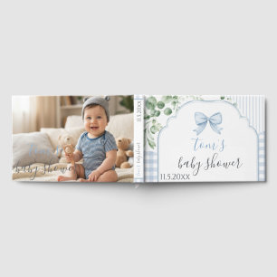 Chic Blue Gingham Bow Baby Shower Photo Guest Book