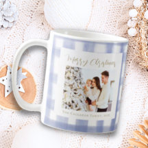 Chic Blue Gingham Plaid Family Christmas Photo