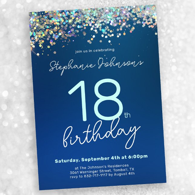 Chic Blue Glitter 18th Birthday Party Invitation (Chic Blue Glitter 18th Birthday Party Invitation)