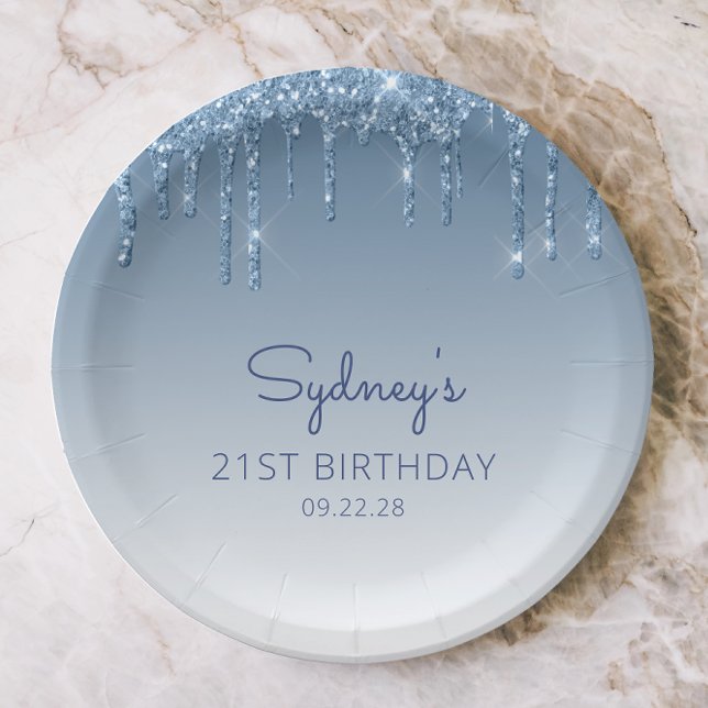Chic Blue Glitter Drip 21st Birthday Party Paper Plate (Creator Uploaded)