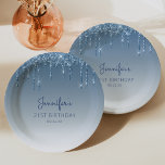Chic Blue Glitter Drip 21st Birthday Party Paper Plate<br><div class="desc">These chic,  elegant 21st birthday party paper plates feature a sparkly blue faux glitter drip border and blue ombre background. Personalise them with the guest of honour's name in blue handwriting script,  with her birthday and date below in sans serif font.</div>