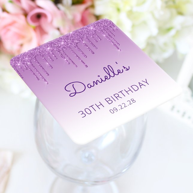 Chic Blue Glitter Drip 30th Birthday Party Square Paper Coaster (Creator Uploaded)