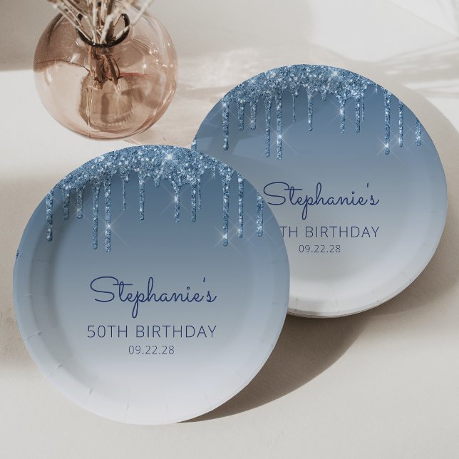 Chic Blue Glitter Drip 50th Birthday Party Paper Plate (Creator Uploaded)
