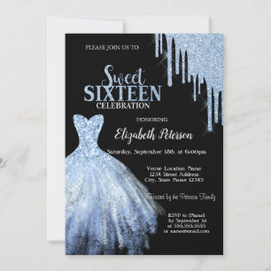 Chic Blue Glitter Drips Blue Dress Black  Invitation
