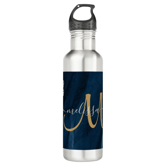 Chic Blue Gold Agate Script Monogram Custom 710 Ml Water Bottle (Front)