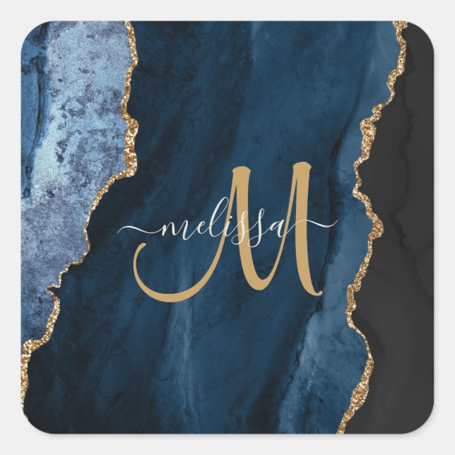 Chic Blue Gold Agate Script Monogram Custom Square Sticker (Front)
