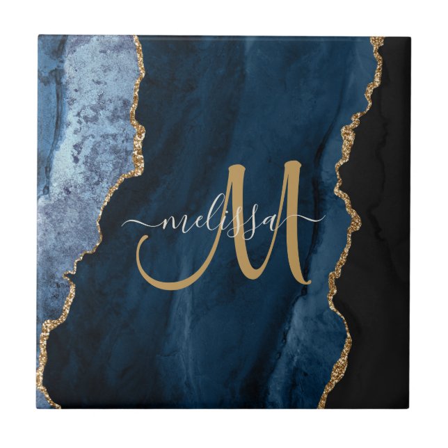 Chic Blue Gold Agate Script Monogram Custom Tile (Front)