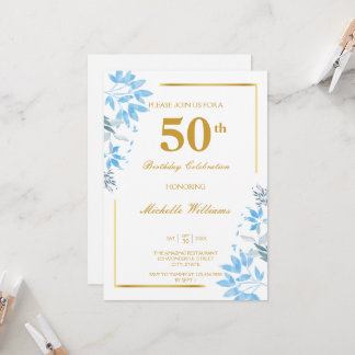 Chic Blue & Gold Floral 50th Birthday Invitation