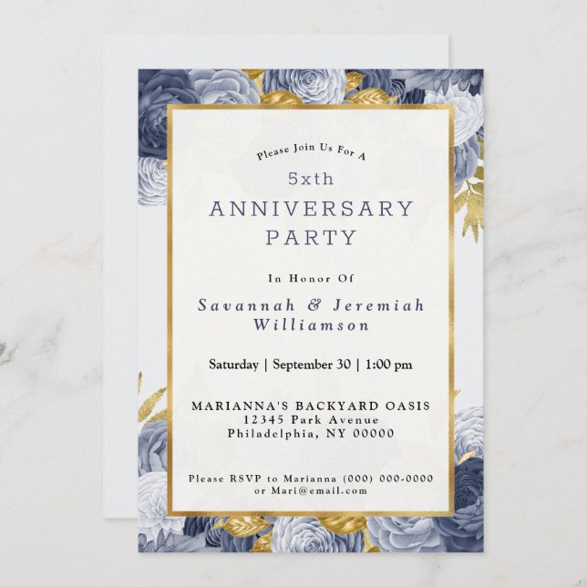 Chic Blue Gold Floral Customisable Anniversary Invitation (Front/Back)