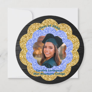 Chic Blue Gold Floral Photo Graduation Party Invitation