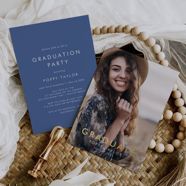 Chic Blue Gold Foil Photo Graduation Party (Creator Uploaded)