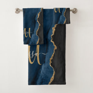 Chic Blue Gold Glitter Agate Custom Monogram Bath Towel Set