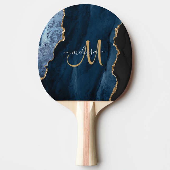 Chic Blue Gold Glitter Agate Custom Monogram Ping Pong Paddle (Front)