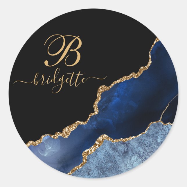 Chic Blue Gold Glitter Agate Geode Monogram Black Classic Round Sticker (Front)