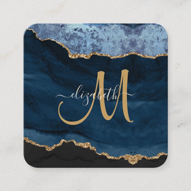 Chic Blue Gold Glitter Agate Script Monogram Square Business Card (Front)