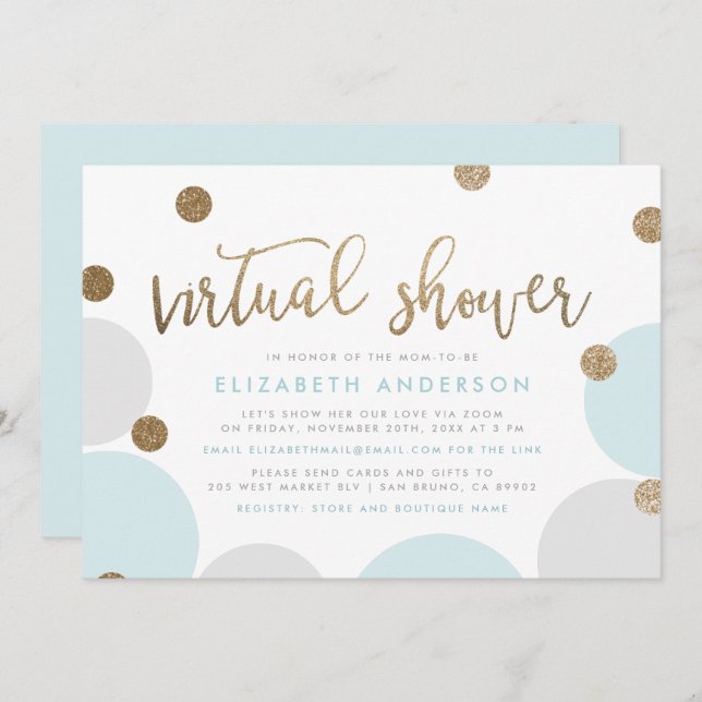 Chic Blue & Gold Glitter Confetti Virtual Shower Invitation (Front/Back)