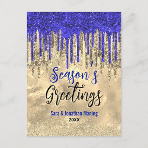 Chic blue gold glitter drips Christmas new year  Postcard