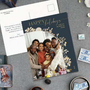 Chic Blue Gold Happy Holidays Photo Postcard