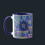 Chic Blue Gold Menorah Star of David Hanukkah Mug<br><div class="desc">This custom holiday coffee mug features a chic pattern of gold, green and purple menorah and gold Star of David on a blue background. On either side is a blue circle boarded in gold for your monogram initial to personalize. Drink in style! Designed by world renowned artist Tim Coffey.</div>